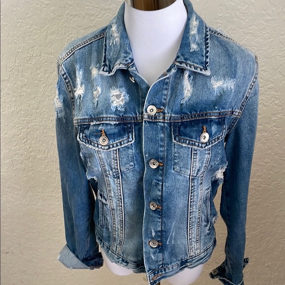 Blue Distressed Jean Jacket Relaxed Fit - Picture 4 of 11